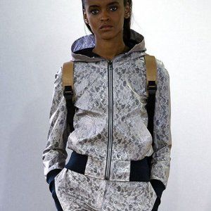 Christopher Raeburn Lace Floral Iridescent Pearl Laminated Bomber Jacket sz M